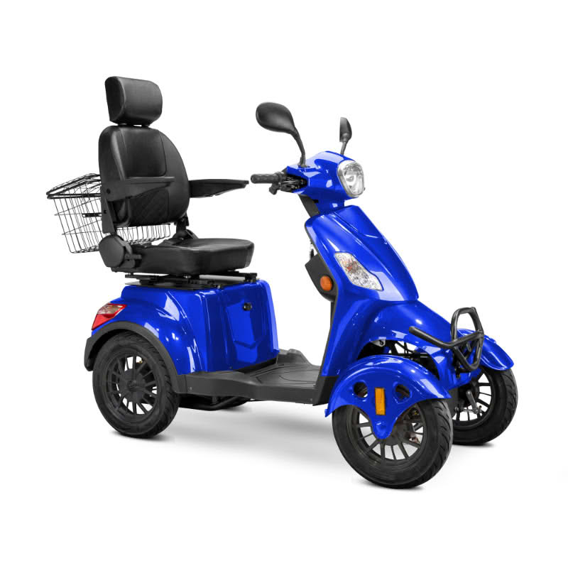 Prestige 4 wheel scooter in blue with black captains chair and black wheels