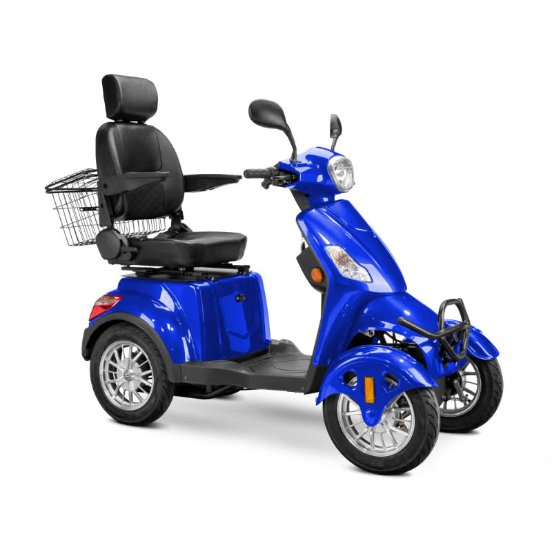 Prestige 4 wheel scooter in blue with black captains chair and chrome wheels