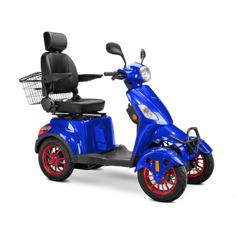 Prestige 4 wheel scooter in blue with black captains chair and red wheels
