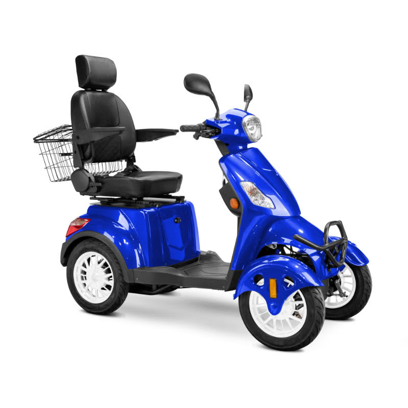 Prestige 4 wheel scooter in blue with black captains chair and white wheels