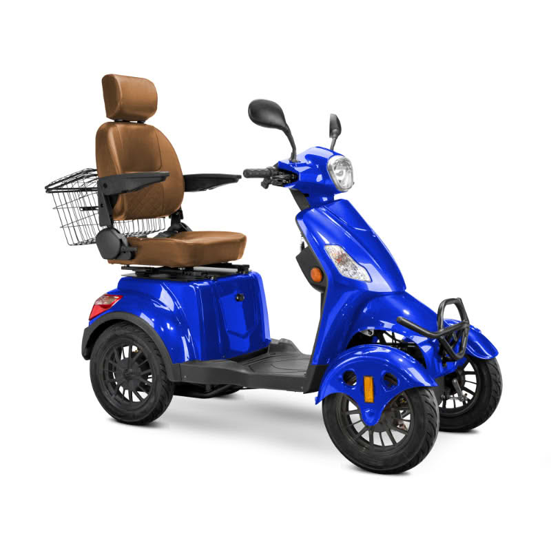 Prestige 4 wheel scooter in blue with brown captains chair and black wheels