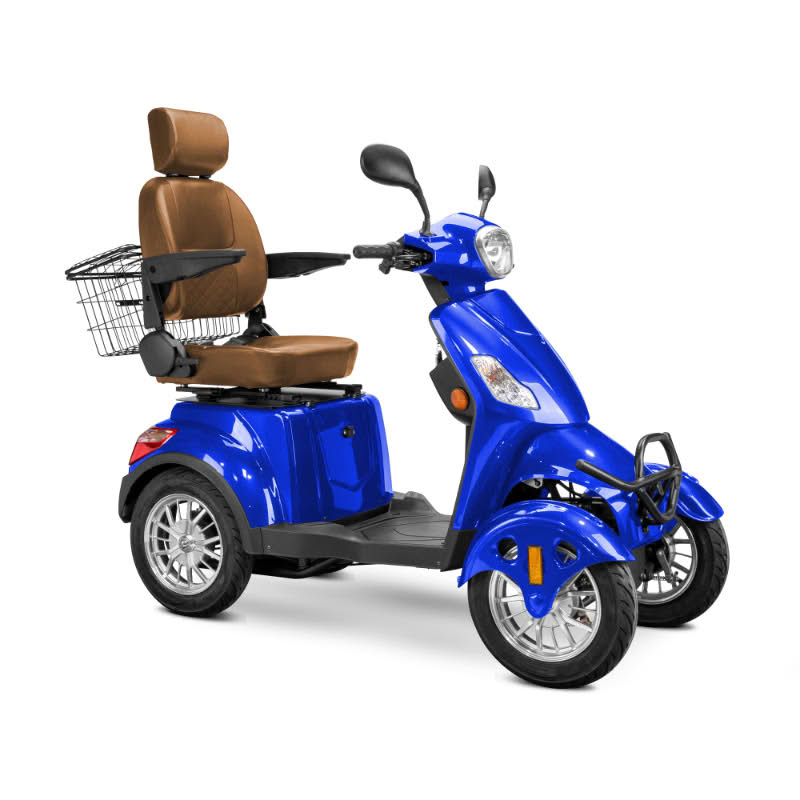 Prestige 4 wheel scooter in blue with brown captains chair and chrome wheels