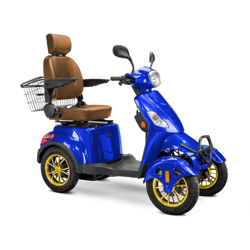 Prestige 4 wheel scooter in blue with brown captains chair and gold wheels