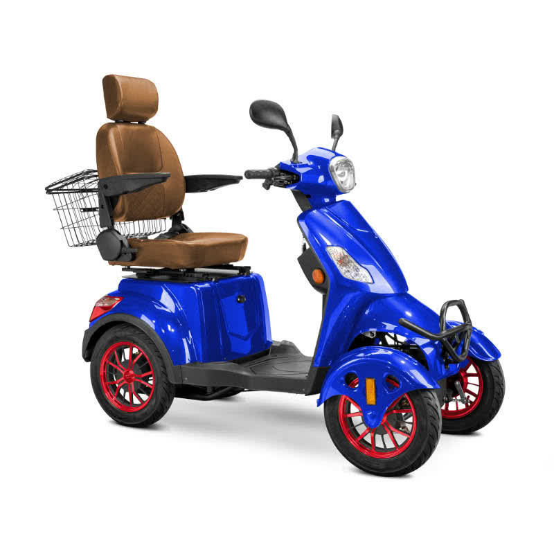 Prestige 4 wheel scooter in blue with brown captains chair and red wheels