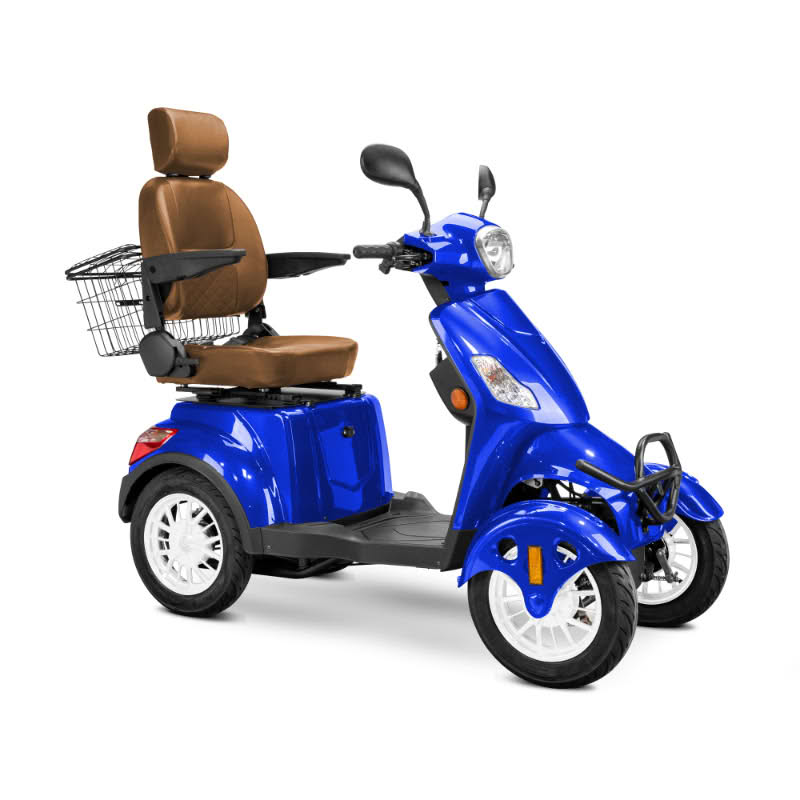 Prestige 4 wheel scooter in blue with brown captains chair and white wheels