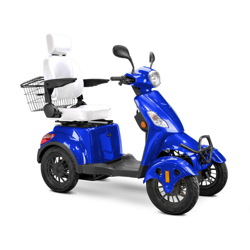 Prestige 4 wheel scooter in blue with white captains chair and black wheels