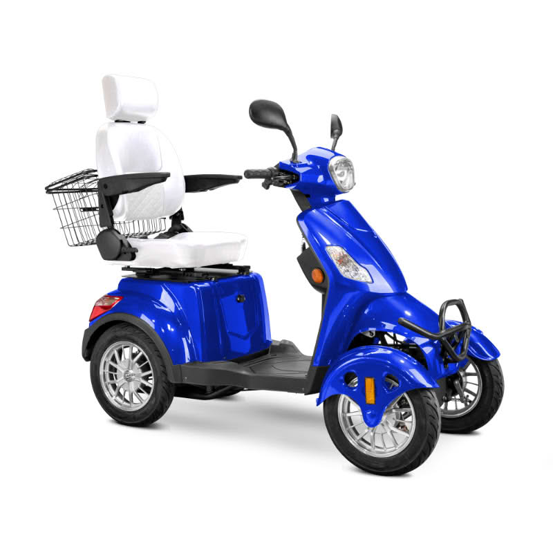 Prestige 4 wheel scooter in blue with white captains chair and chrome wheels