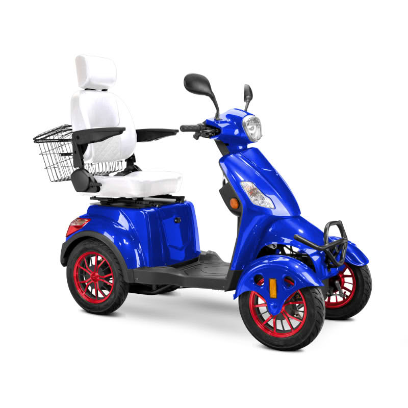 Prestige 4 wheel scooter in blue with white captains chair and red wheels