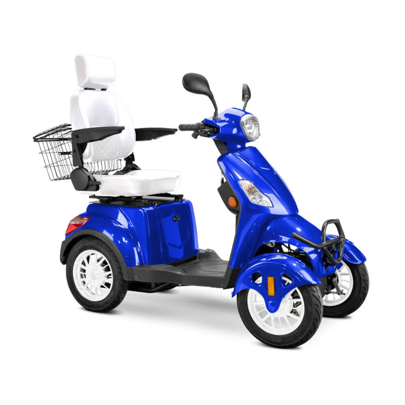 Prestige 4 wheel scooter in blue with white captains chair and white wheels