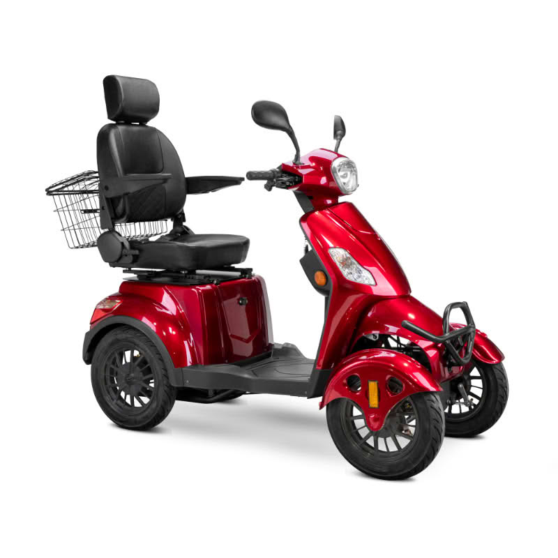 Prestige 4 wheel scooter in red with black captains chair and black wheels