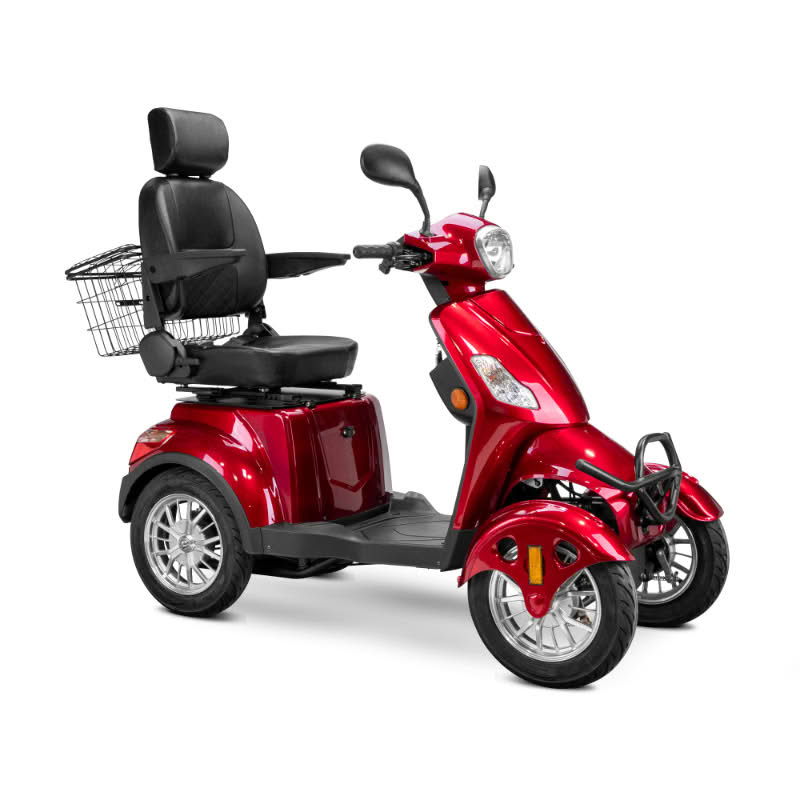 Prestige 4 wheel scooter in red with black captains chair and chrome wheels