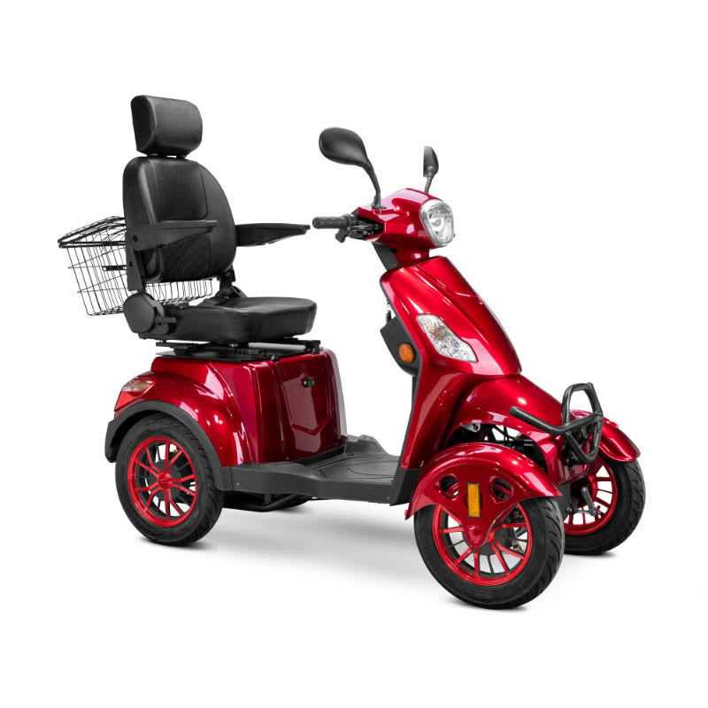Prestige 4 wheel scooter in red with black captains chair and red wheels
