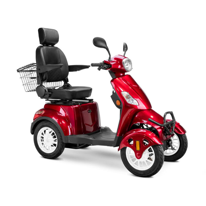 Prestige 4 wheel scooter in red with black captains chair and white wheels