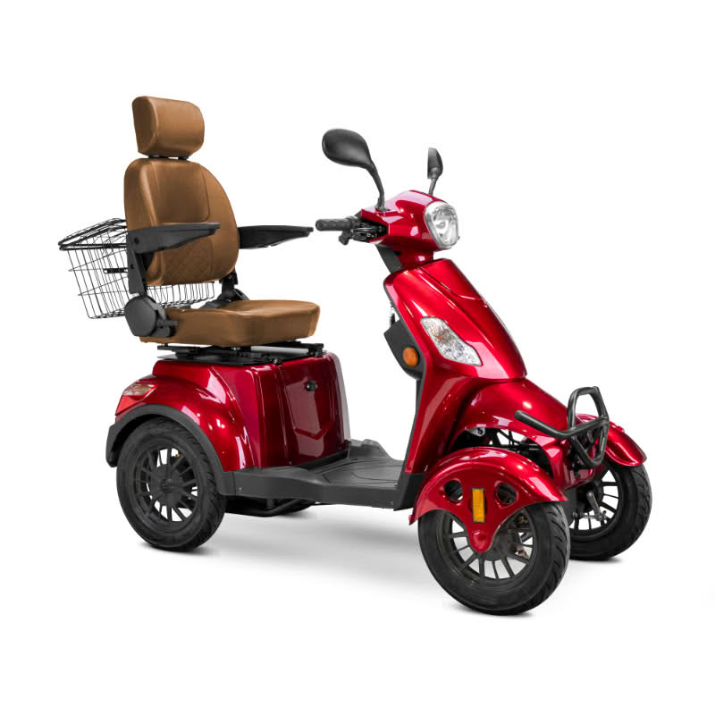 Prestige 4 wheel scooter in red with brown captains chair and black wheels