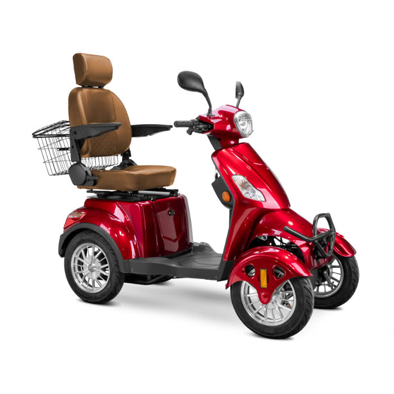 Prestige 4 wheel scooter in red with brown captains chair and chrome wheels