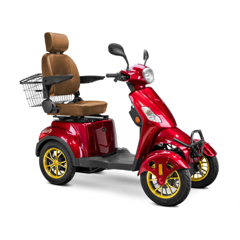 Prestige 4 wheel scooter in red with brown captains chair and gold wheels