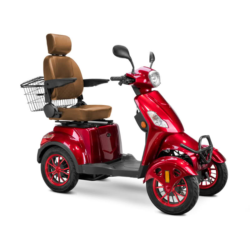 Prestige 4 wheel scooter in red with brown captains chair and red wheels