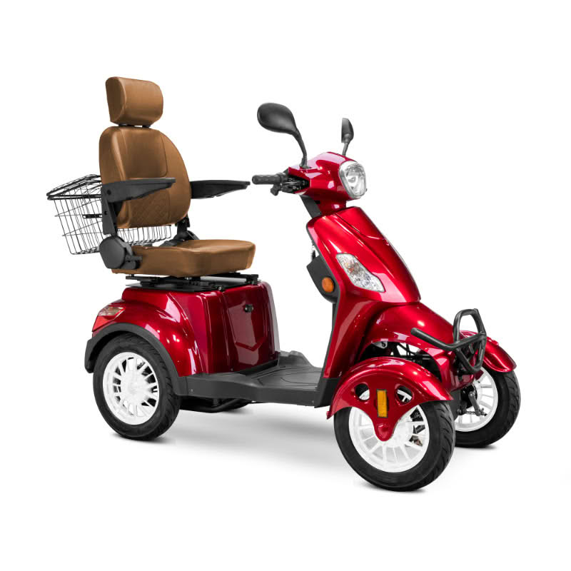 Prestige 4 wheel scooter in red with brown captains chair and white wheels