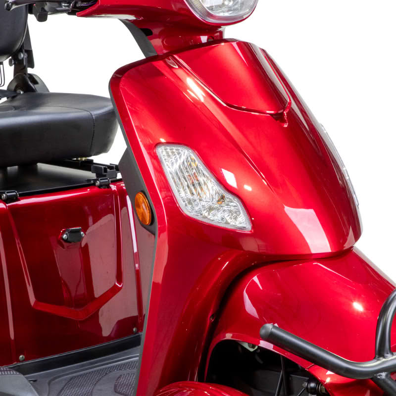 Prestige 4 wheel scooter in red front view up close with headlights