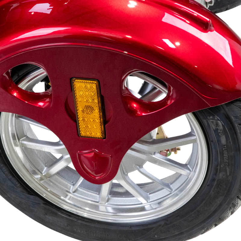 Prestige 4 wheel scooter in red front wheel up close