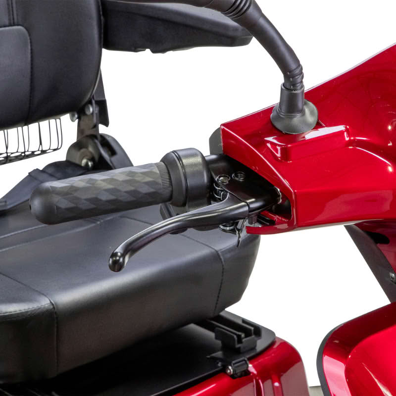 Prestige 4 wheel scooter in red right handlebar and hand brake
