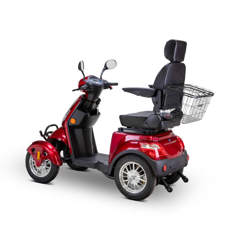 Prestige 4 wheel scooter in red, left rear view