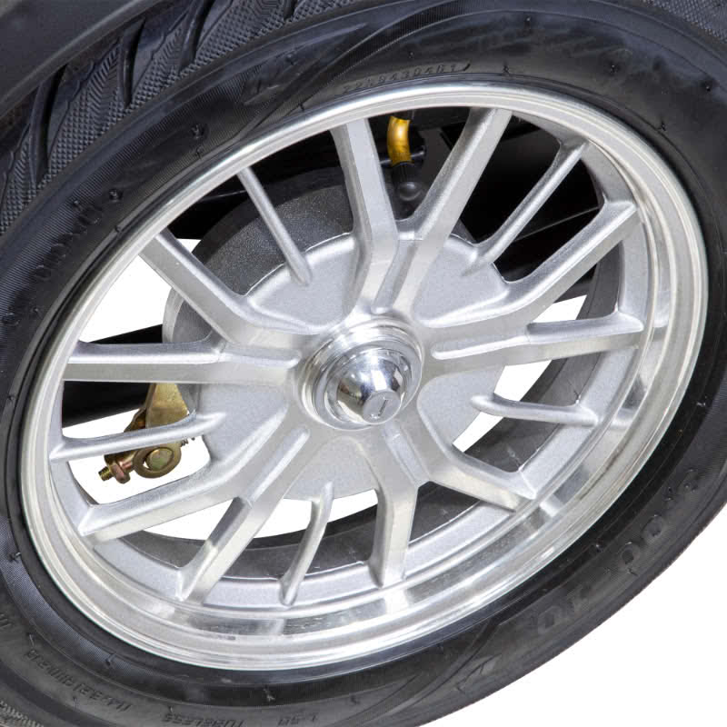 Prestige 4 wheel scooter rear wheel up close