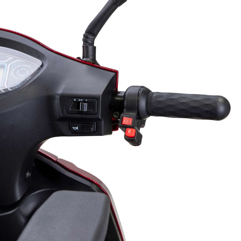 Prestige 4 wheel scooter in red right handlebar with horn, reverse button and twist throttle