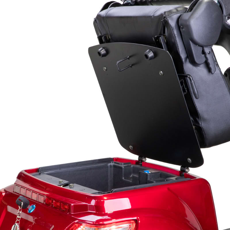 Prestige 4 wheel scooter in red with storage compartment under the seat