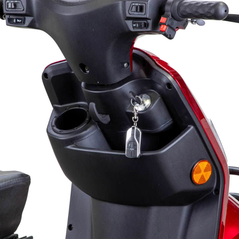 Prestige 4 wheel scooter in red, key with keyfob, cupholder and open storage compartment