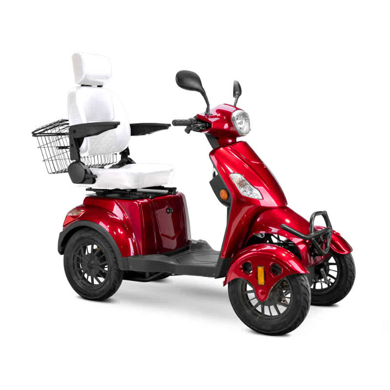 Prestige 4 wheel scooter in red with white captains chair and black wheels