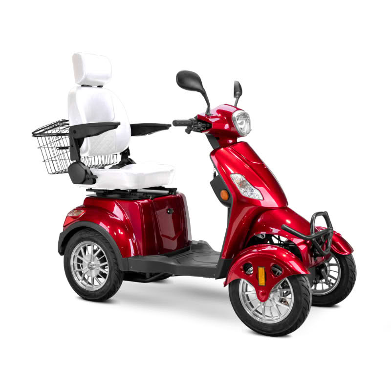 Prestige 4 wheel scooter in red with white captains chair and chrome wheels