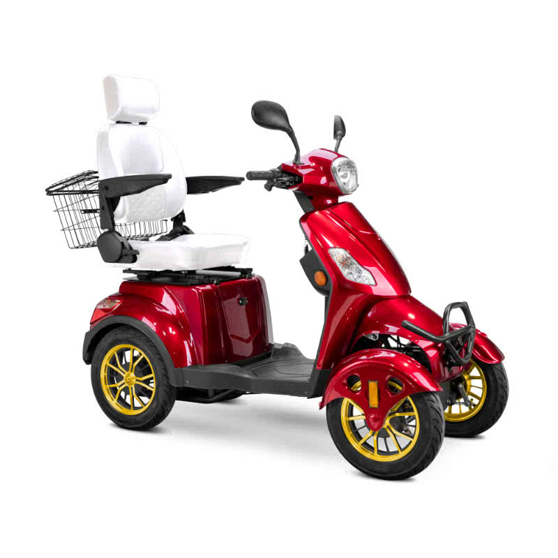 Prestige 4 wheel scooter in red with white captains chair and gold wheels
