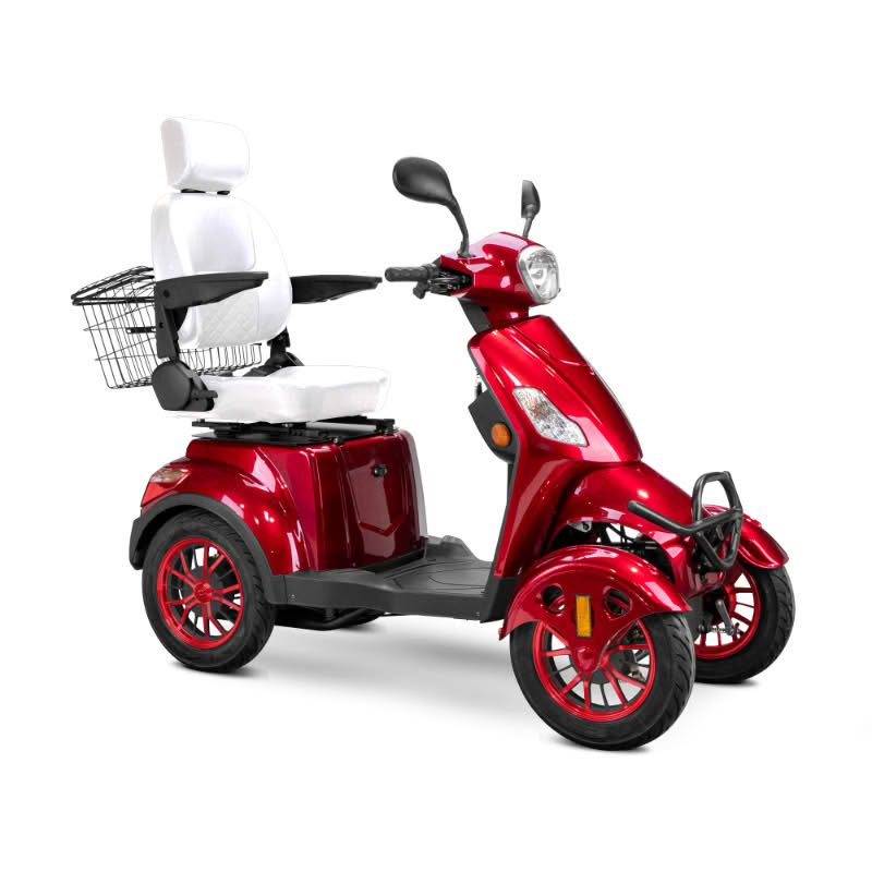 Prestige 4 wheel scooter in red with white captains chair and red wheels