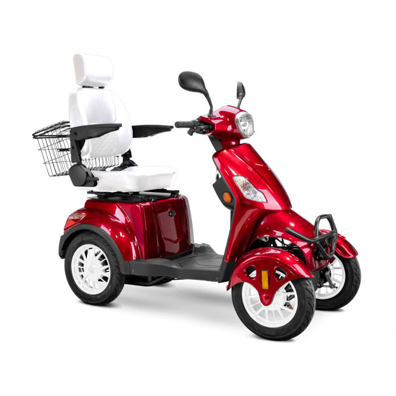 Prestige 4 wheel scooter in red with white captains chair and white wheels
