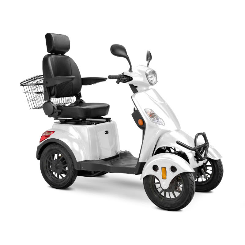 Prestige 4 wheel scooter in white with black captains chair and black wheels