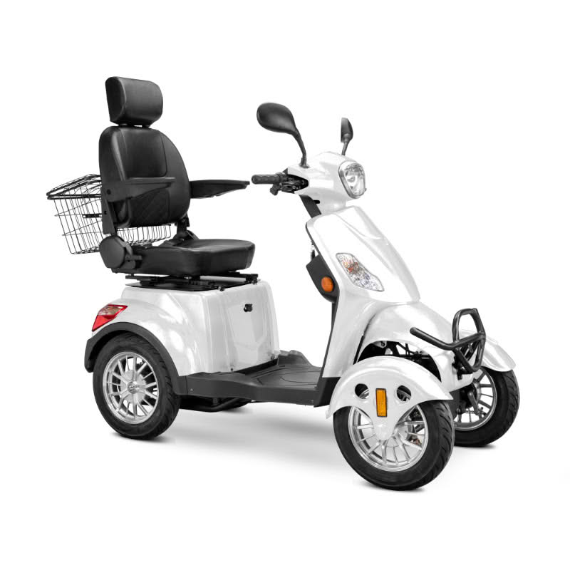 Prestige 4 wheel scooter in white with black captains chair and chrome wheels