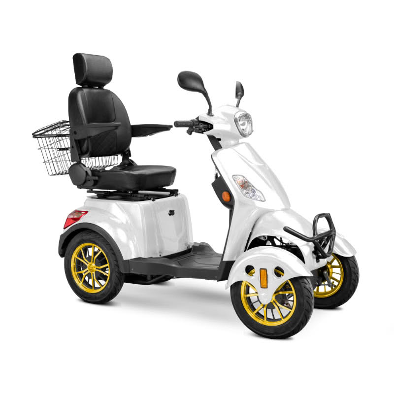 Prestige 4 wheel scooter in white with black captains chair and gold wheels