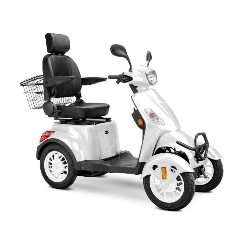 Prestige 4 wheel scooter in white with black captains chair and white wheels