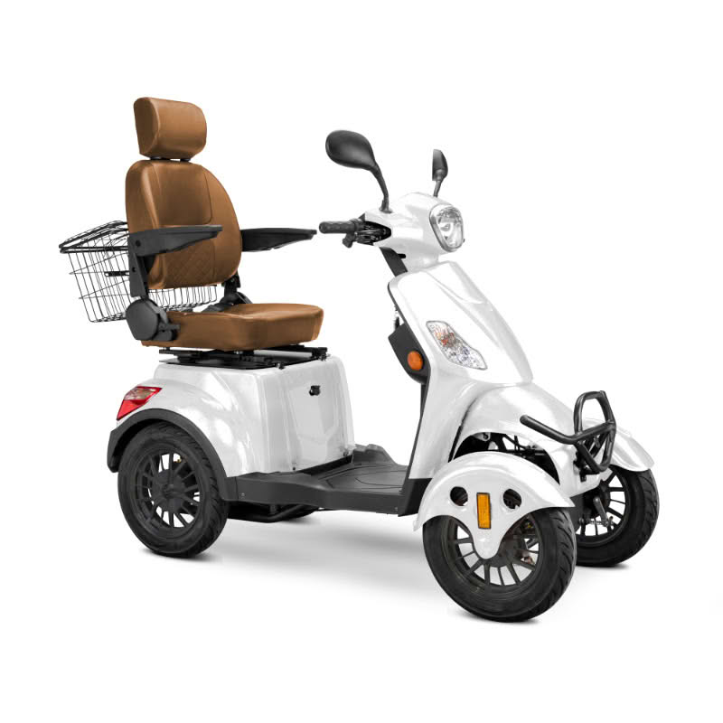 Prestige 4 wheel scooter in white with brown captains chair and black wheels