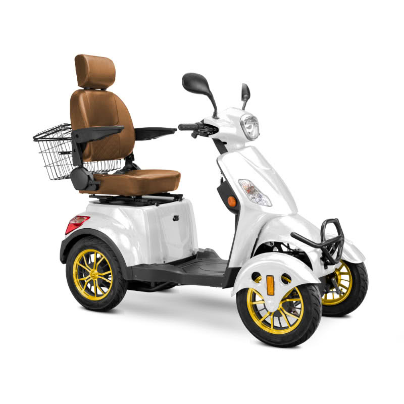 Prestige 4 wheel scooter in white with brown captains chair and gold wheels