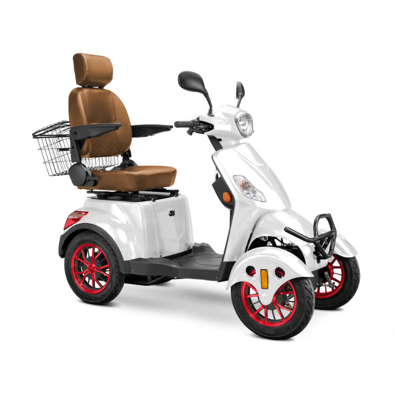 Prestige 4 wheel scooter in white with brown captains chair and red wheels