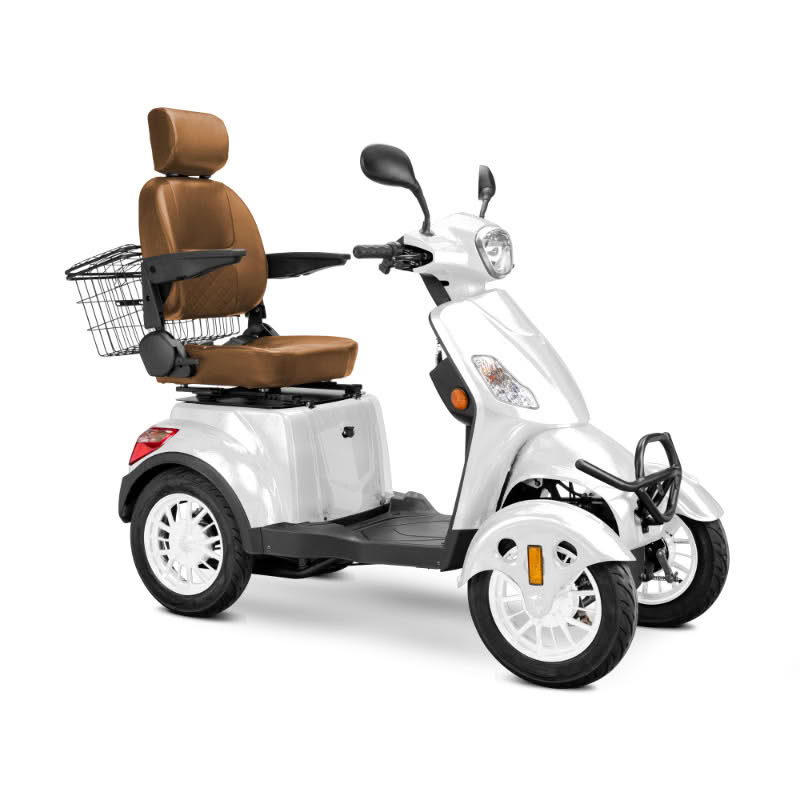 Prestige 4 wheel scooter in white with brown captains chair and white wheels