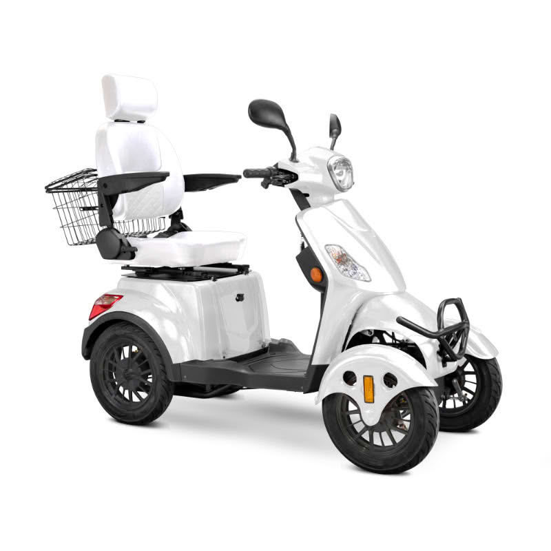 Prestige 4 wheel scooter in white with white captains chair and black wheels