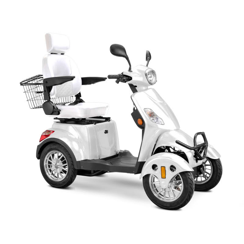 Prestige 4 wheel scooter in white with white captains chair and chrome wheels