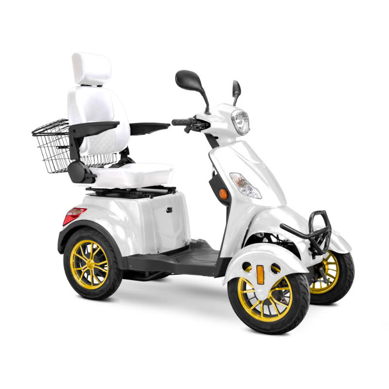 Prestige 4 wheel scooter in white with white captains chair and gold wheels