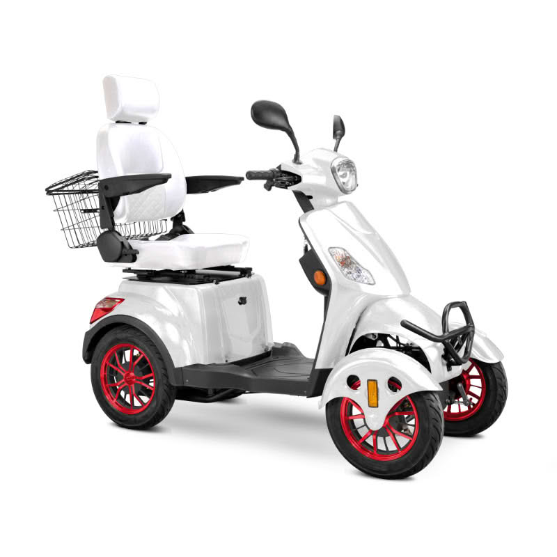 Prestige 4 wheel scooter in white with white captains chair and red wheels