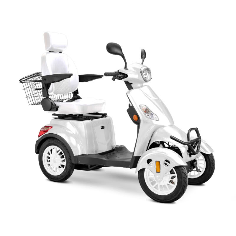 Prestige 4 wheel scooter in white with white captains chair and white wheels