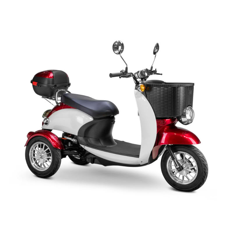 Supreme 3-Wheel Scooter in red and white, black extended saddleseat, chrome wheels, sideview