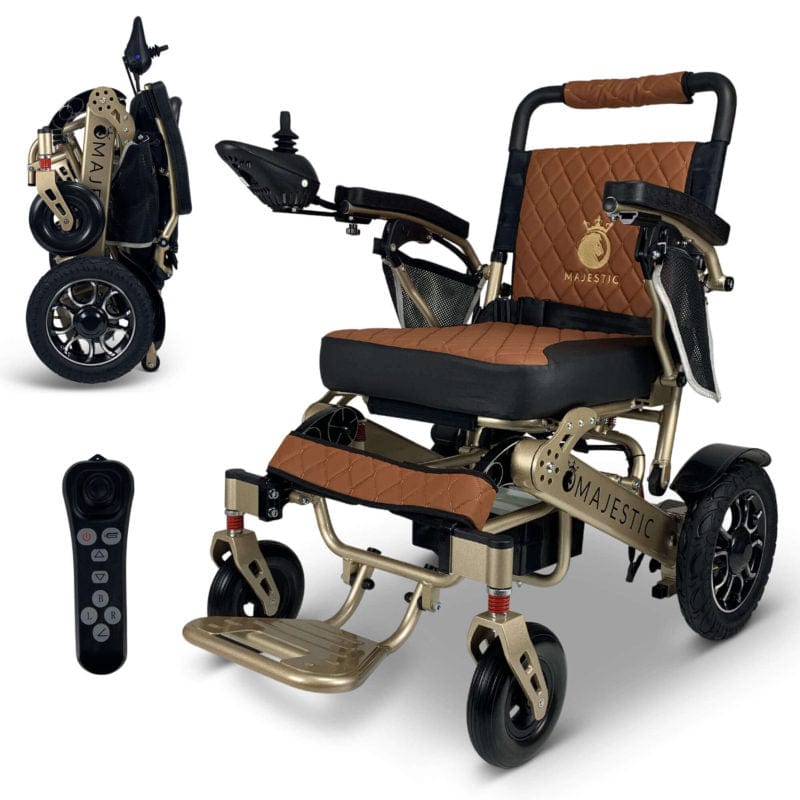 ComfyGo Majestic IQ-7000 Wheelchair in bronze, taba seat, folded and remote control